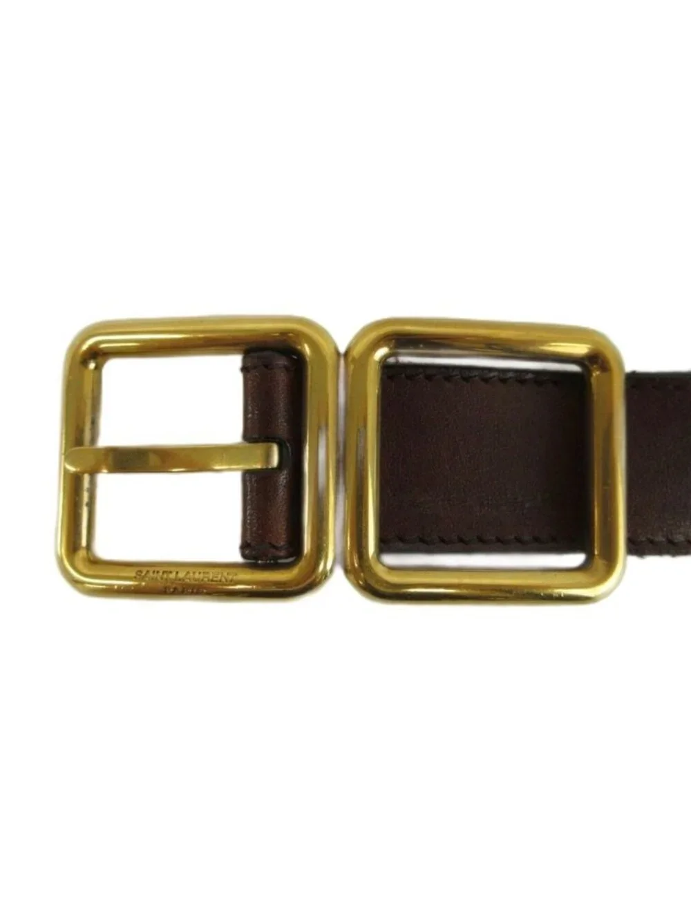 Saint Laurent Paris Double Buckle Leather Belt Cowhide Logo Gold Brown